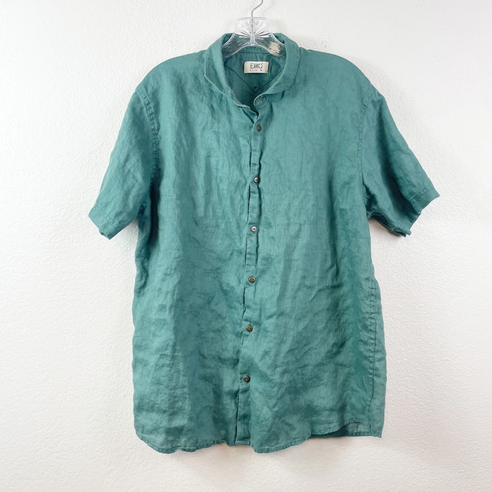 EKKO Mens 100% Linen Slim Fit Short Sleeve Button Down Shirt Green XL